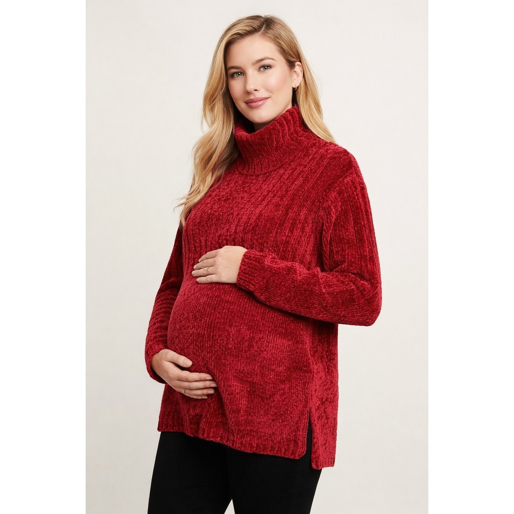 Motherhood Maternity Red Chenille Turtleneck Sweater Women's Large Soft Cozy